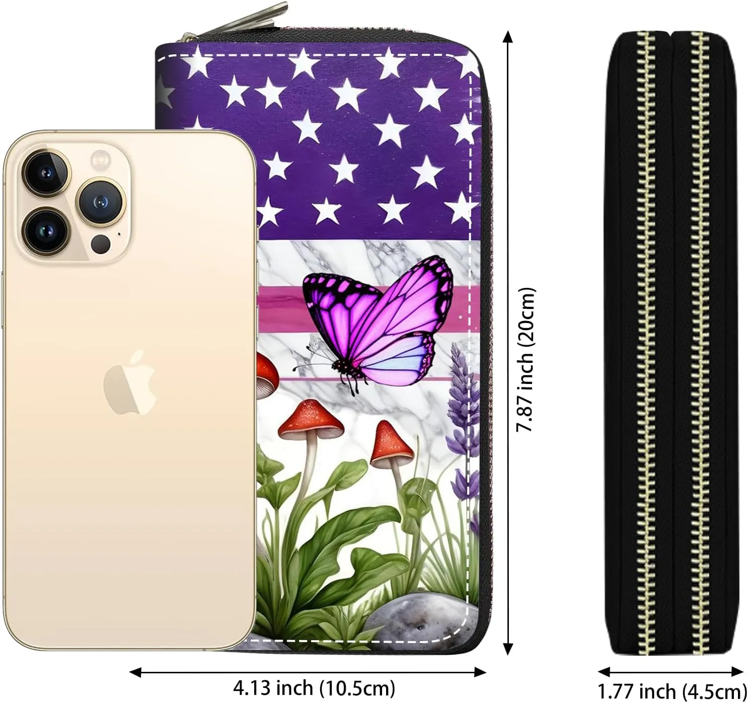 Women's Large Capacity Wallet PU Leather Double Zipper Clutch Purse Multifunctional Wallet with Removable Wristlet Strap for Smart Phone/Coin/Card/Cash, American Flag Butterfly Mushroom