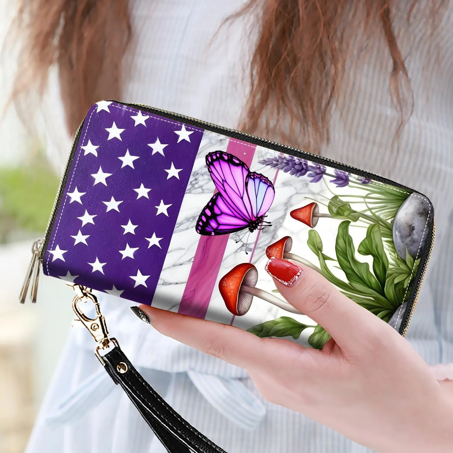 Women's Large Capacity Wallet PU Leather Double Zipper Clutch Purse Multifunctional Wallet with Removable Wristlet Strap for Smart Phone/Coin/Card/Cash, American Flag Butterfly Mushroom