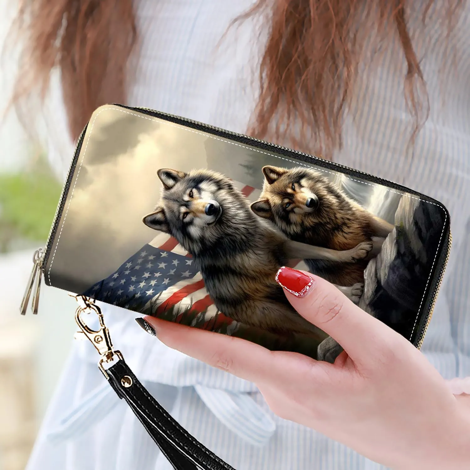 Women's Large Capacity Wallet PU Leather Double Zipper Clutch Purse Multifunctional Wallet with Removable Wristlet Strap for Smart Phone/Coin/Card/Cash - American Flag Wolf
