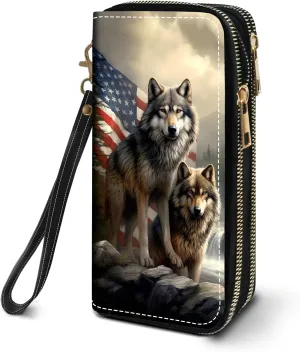 Women's Large Capacity Wallet PU Leather Double Zipper Clutch Purse Multifunctional Wallet with Removable Wristlet Strap for Smart Phone/Coin/Card/Cash - American Flag Wolf