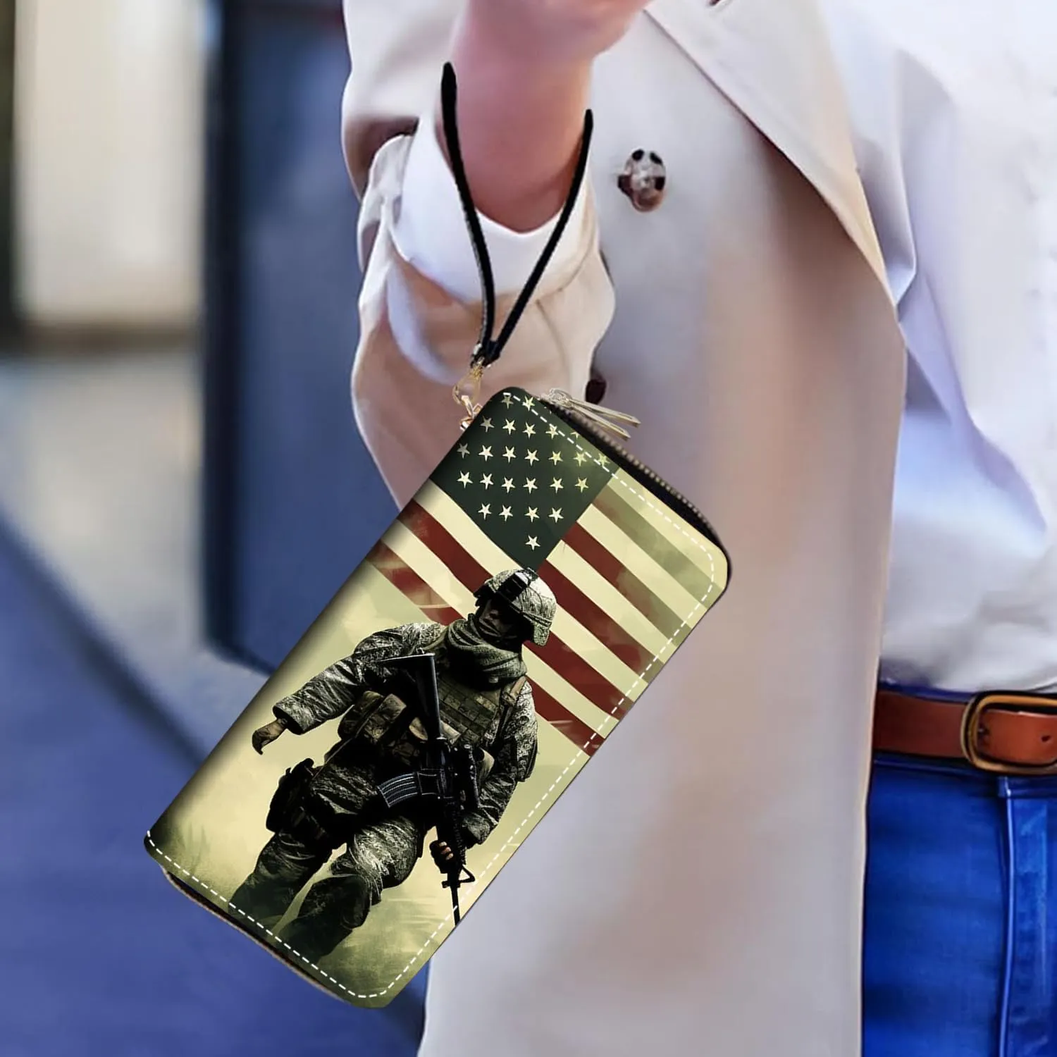 Women's Large Capacity Wallet PU Leather Double Zipper Clutch Purse Multifunctional Wallet with Removable Wristlet Strap for Smart Phone/Coin/Card/Cash, American Military Army Troops Soldiers