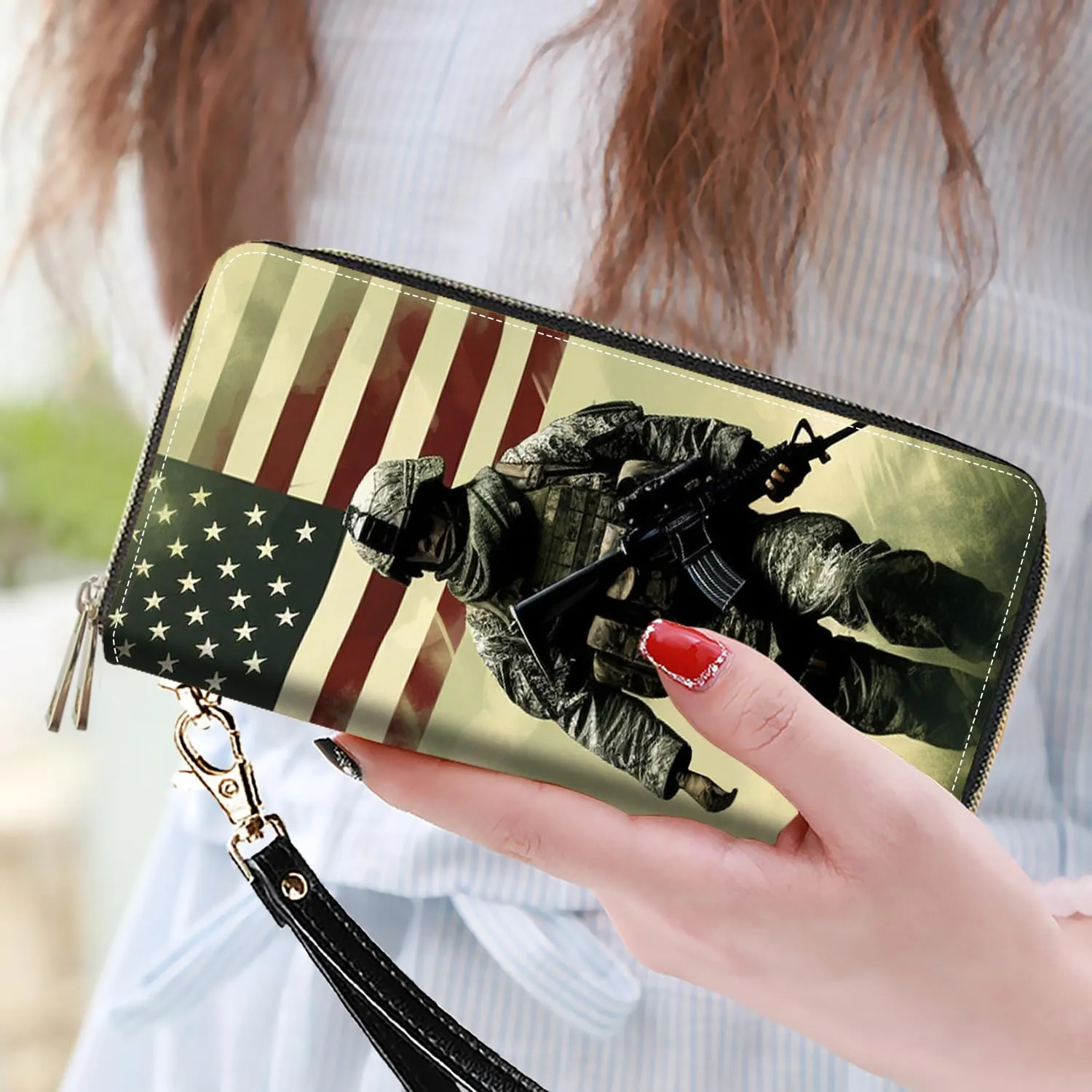 Women's Large Capacity Wallet PU Leather Double Zipper Clutch Purse Multifunctional Wallet with Removable Wristlet Strap for Smart Phone/Coin/Card/Cash, American Military Army Troops Soldiers