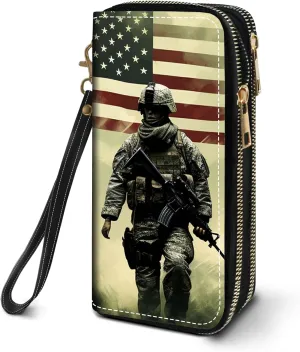 Women's Large Capacity Wallet PU Leather Double Zipper Clutch Purse Multifunctional Wallet with Removable Wristlet Strap for Smart Phone/Coin/Card/Cash, American Military Army Troops Soldiers