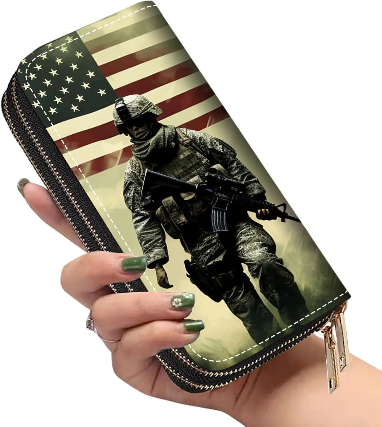 Women's Large Capacity Wallet PU Leather Double Zipper Clutch Purse Multifunctional Wallet with Removable Wristlet Strap for Smart Phone/Coin/Card/Cash, American Military Army Troops Soldiers
