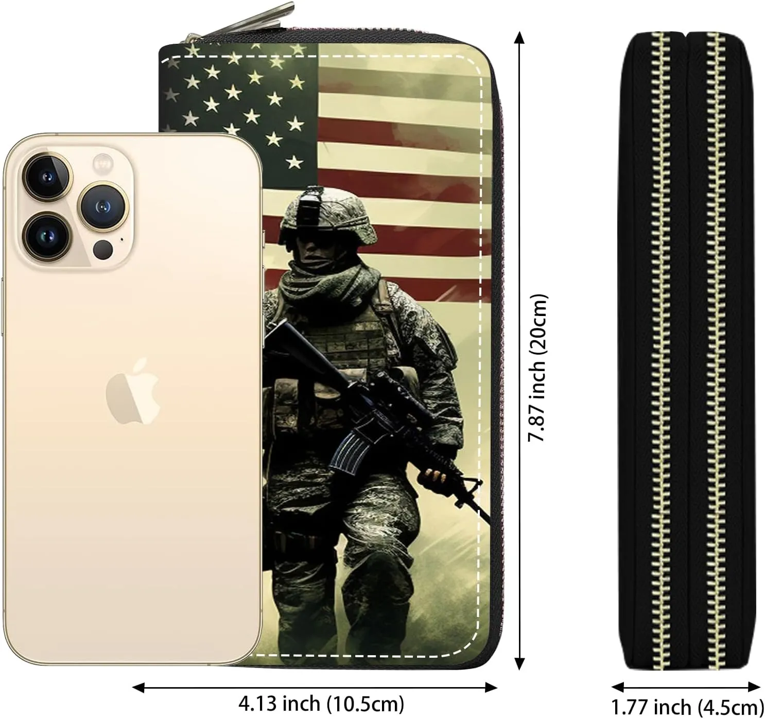 Women's Large Capacity Wallet PU Leather Double Zipper Clutch Purse Multifunctional Wallet with Removable Wristlet Strap for Smart Phone/Coin/Card/Cash, American Military Army Troops Soldiers