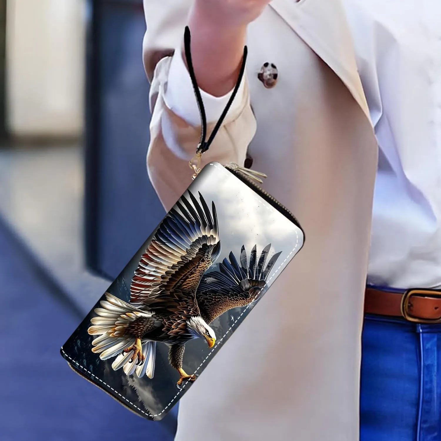 Women's Large Capacity Wallet PU Leather Double Zipper Clutch Purse Multifunctional Wallet with Removable Wristlet Strap for Smart Phone/Coin/Card/Cash, Bald Eagle