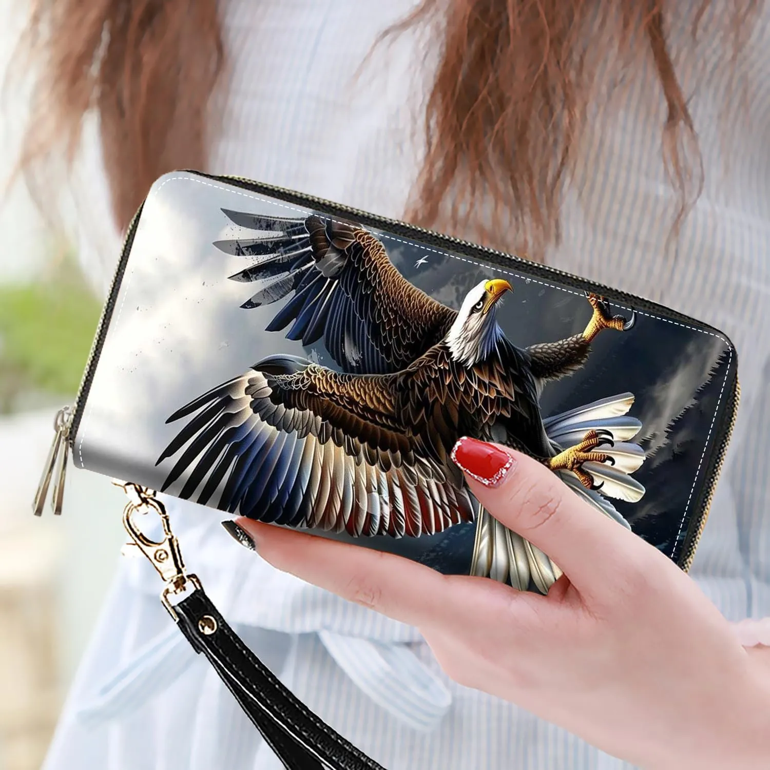 Women's Large Capacity Wallet PU Leather Double Zipper Clutch Purse Multifunctional Wallet with Removable Wristlet Strap for Smart Phone/Coin/Card/Cash, Bald Eagle