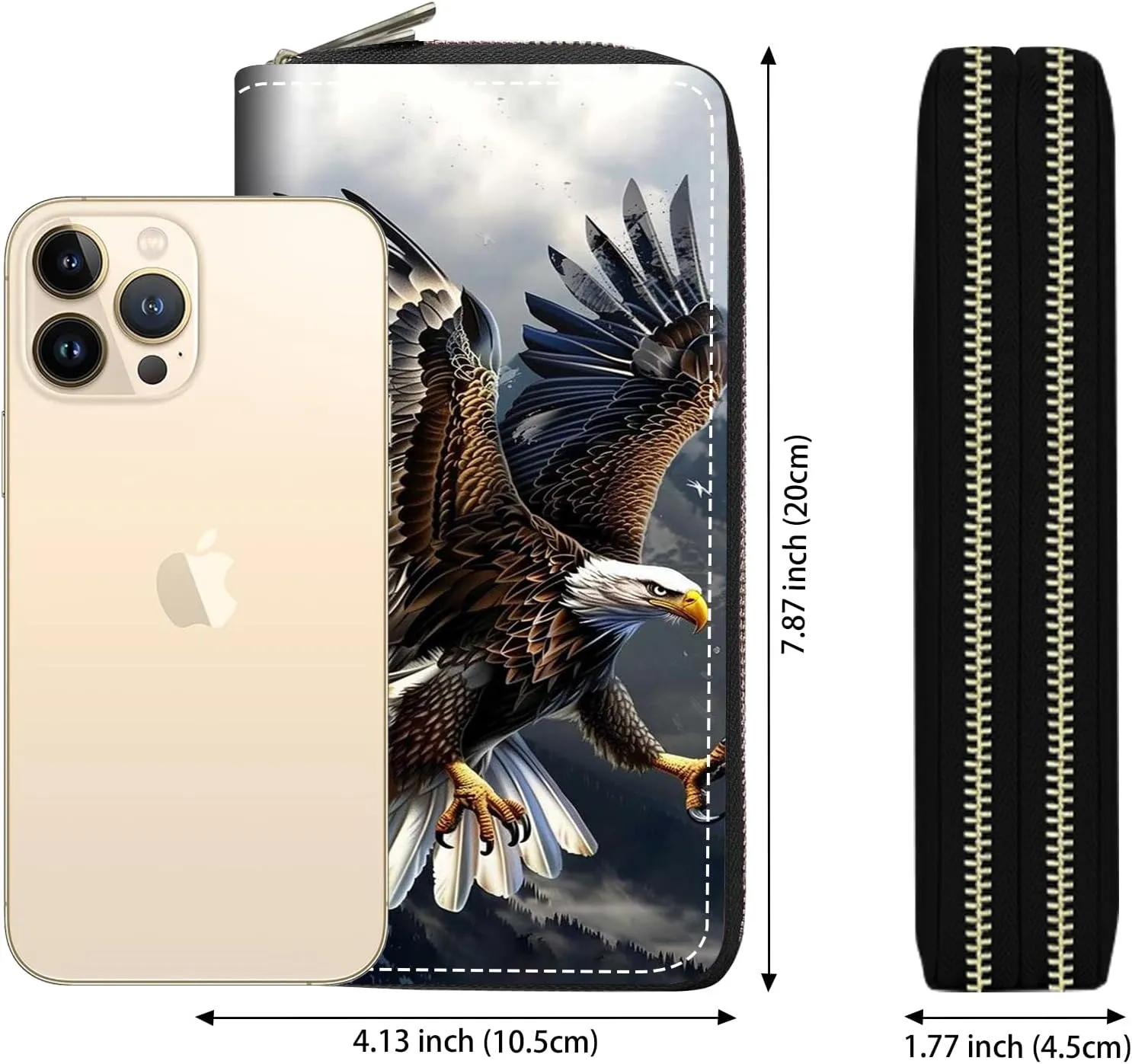 Women's Large Capacity Wallet PU Leather Double Zipper Clutch Purse Multifunctional Wallet with Removable Wristlet Strap for Smart Phone/Coin/Card/Cash, Bald Eagle