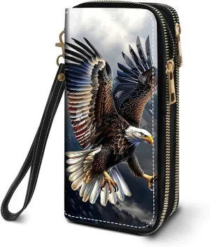 Women's Large Capacity Wallet PU Leather Double Zipper Clutch Purse Multifunctional Wallet with Removable Wristlet Strap for Smart Phone/Coin/Card/Cash, Bald Eagle