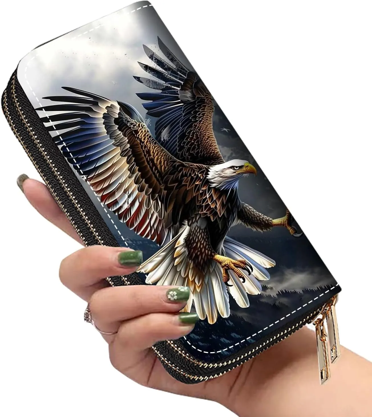 Women's Large Capacity Wallet PU Leather Double Zipper Clutch Purse Multifunctional Wallet with Removable Wristlet Strap for Smart Phone/Coin/Card/Cash, Bald Eagle