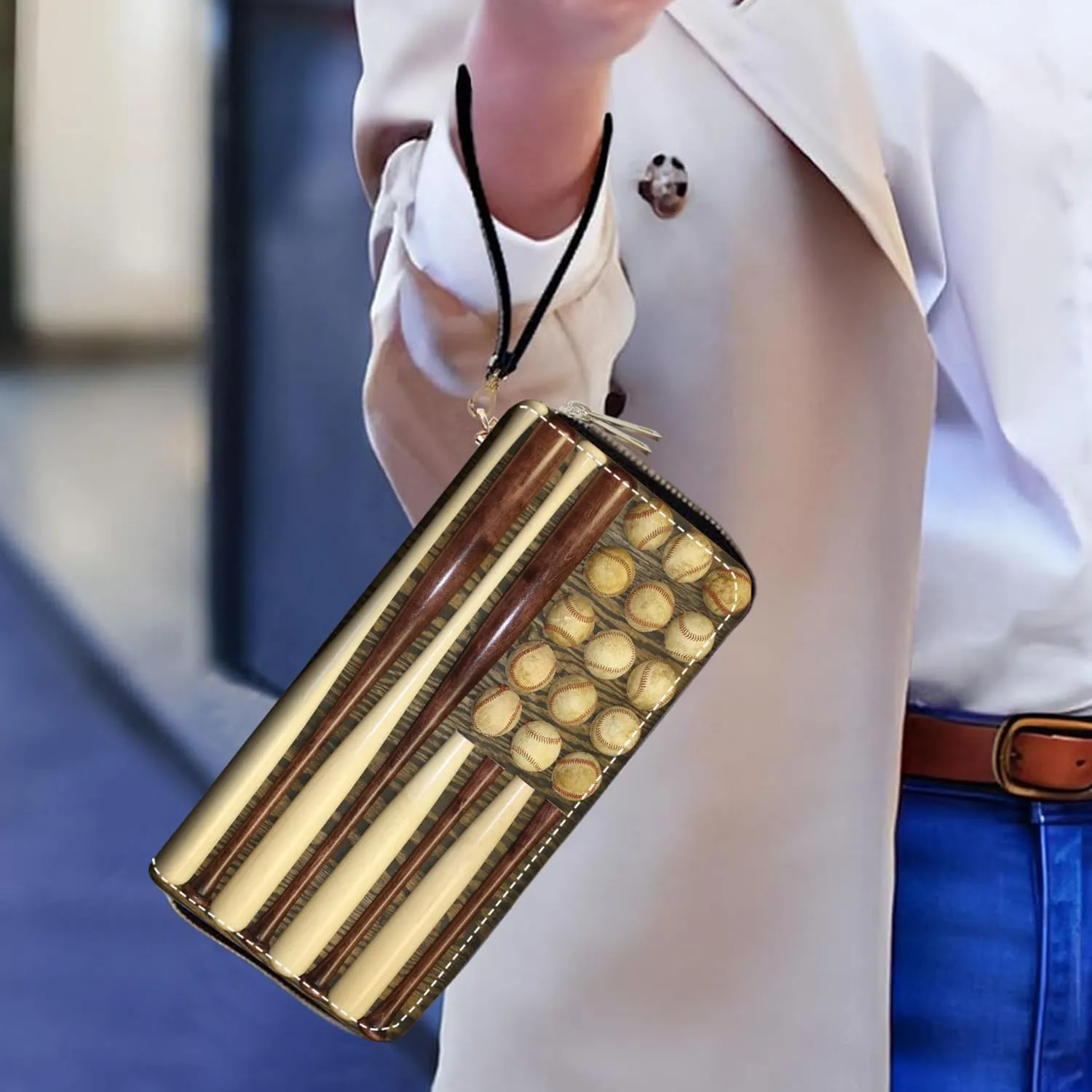 Women's Large Capacity Wallet PU Leather Double Zipper Clutch Purse Multifunctional Wallet with Removable Wristlet Strap for Smart Phone/Coin/Card/Cash, Baseball Combination American Flag