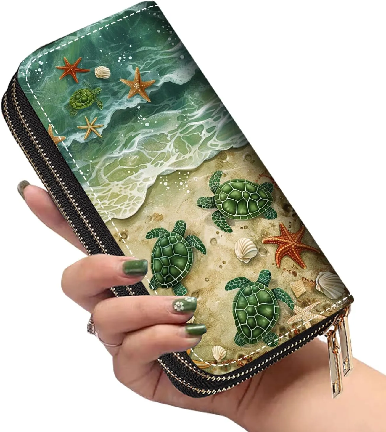 Women's Large Capacity Wallet PU Leather Double Zipper Clutch Purse Multifunctional Wallet with Removable Wristlet Strap for Smart Phone/Coin/Card/Cash, Beach Turtle