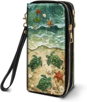 Women's Large Capacity Wallet PU Leather Double Zipper Clutch Purse Multifunctional Wallet with Removable Wristlet Strap for Smart Phone/Coin/Card/Cash, Beach Turtle