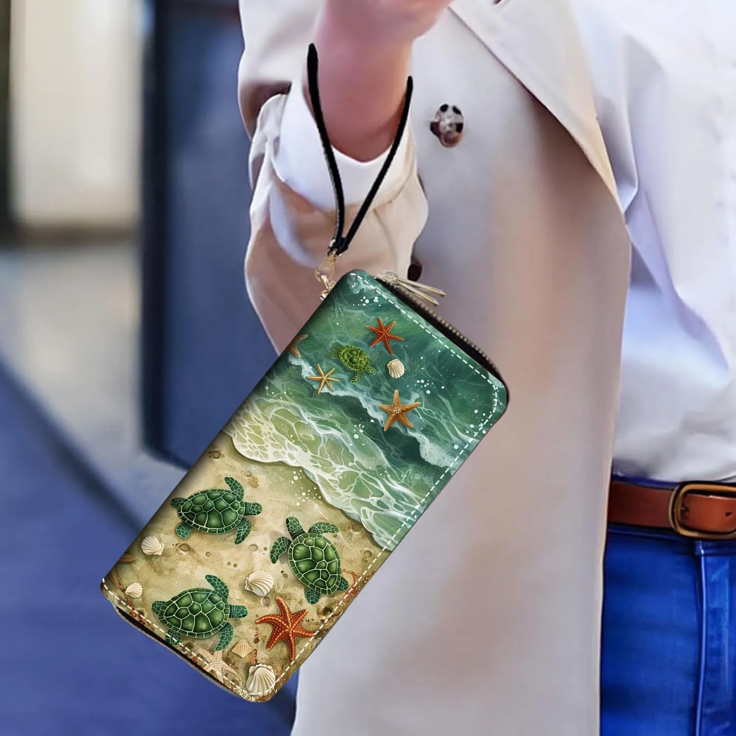 Women's Large Capacity Wallet PU Leather Double Zipper Clutch Purse Multifunctional Wallet with Removable Wristlet Strap for Smart Phone/Coin/Card/Cash, Beach Turtle
