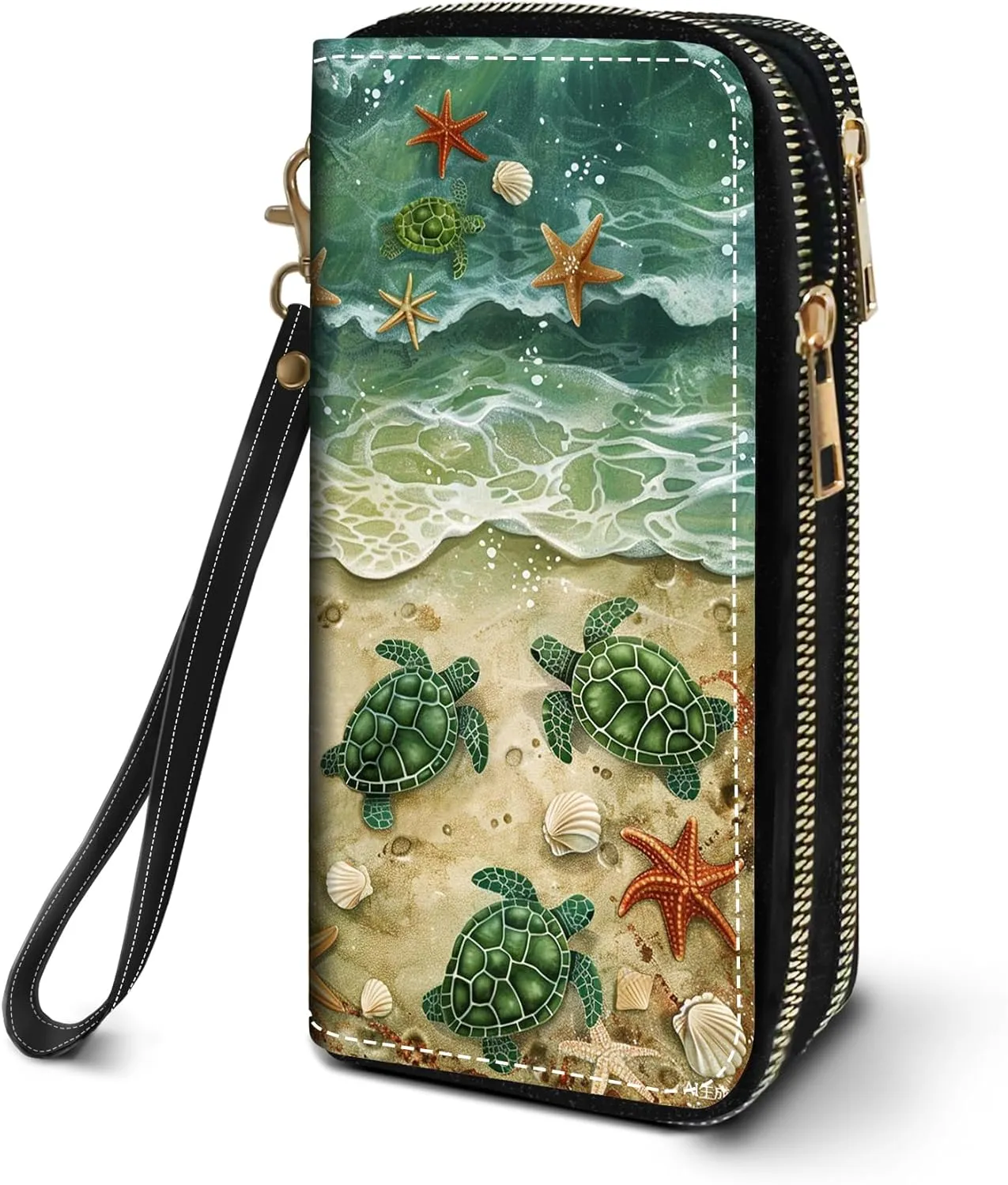 Women's Large Capacity Wallet PU Leather Double Zipper Clutch Purse Multifunctional Wallet with Removable Wristlet Strap for Smart Phone/Coin/Card/Cash, Beach Turtle