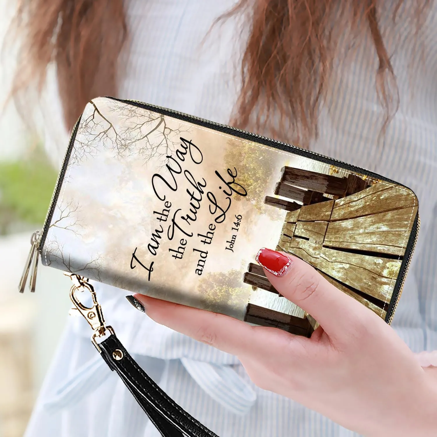 Women's Large Capacity Wallet PU Leather Double Zipper Clutch Purse Multifunctional Wallet with Removable Wristlet Strap for Smart Phone/Coin/Card/Cash, Bible Verse John 14:6