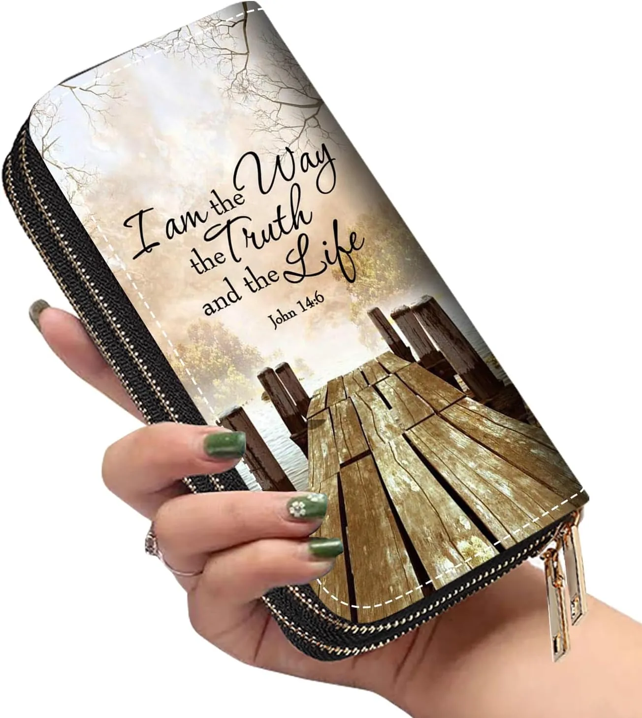 Women's Large Capacity Wallet PU Leather Double Zipper Clutch Purse Multifunctional Wallet with Removable Wristlet Strap for Smart Phone/Coin/Card/Cash, Bible Verse John 14:6
