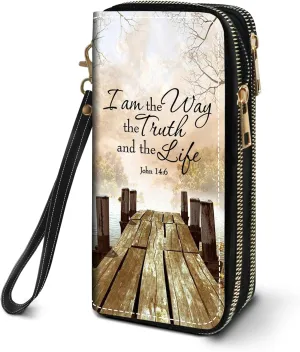 Women's Large Capacity Wallet PU Leather Double Zipper Clutch Purse Multifunctional Wallet with Removable Wristlet Strap for Smart Phone/Coin/Card/Cash, Bible Verse John 14:6