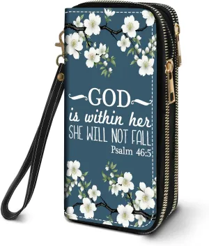 Women's Large Capacity Wallet PU Leather Double Zipper Clutch Purse Multifunctional Wallet with Removable Wristlet Strap for Smart Phone/Coin/Card/Cash, Bible Verse Psalm 46:5