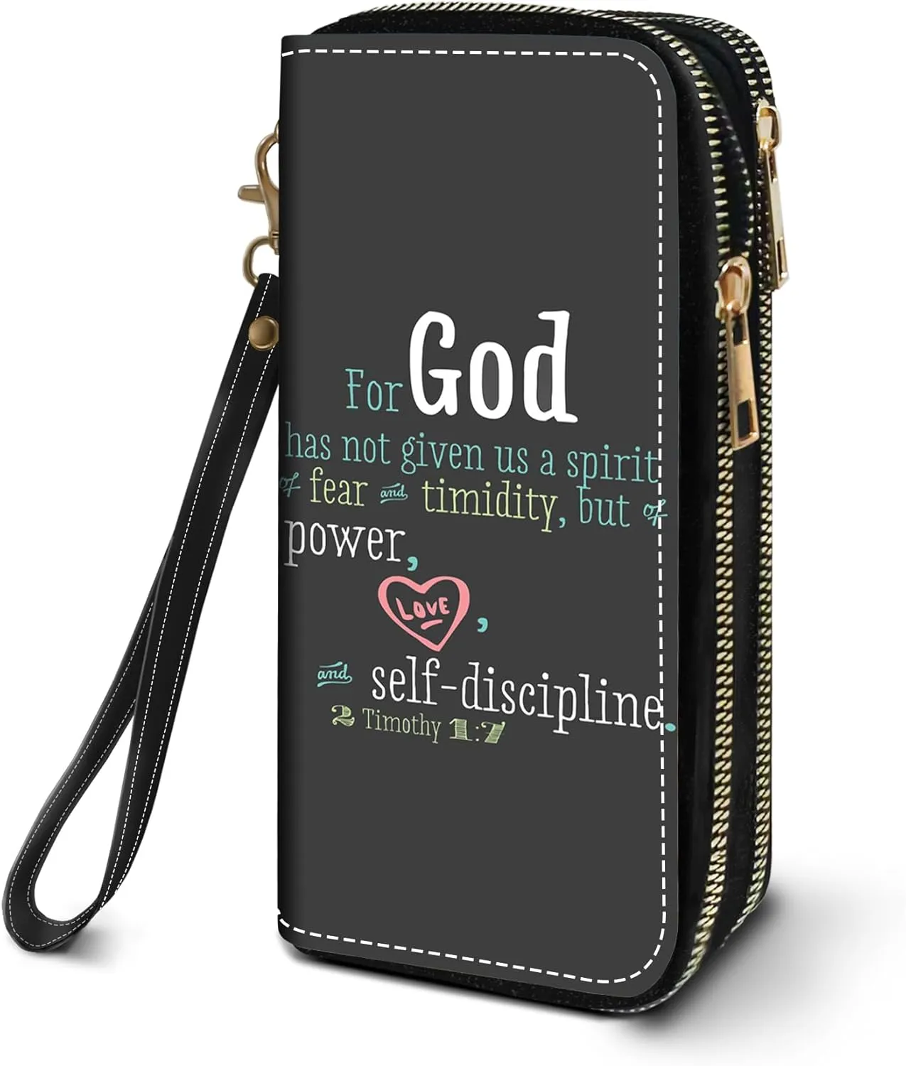 Women's Large Capacity Wallet PU Leather Double Zipper Clutch Purse Multifunctional Wallet with Removable Wristlet Strap for Smart Phone/Coin/Card/Cash, Bible Verse Quotes 2 Timothy 1:7