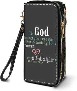 Women's Large Capacity Wallet PU Leather Double Zipper Clutch Purse Multifunctional Wallet with Removable Wristlet Strap for Smart Phone/Coin/Card/Cash, Bible Verse Quotes 2 Timothy 1:7