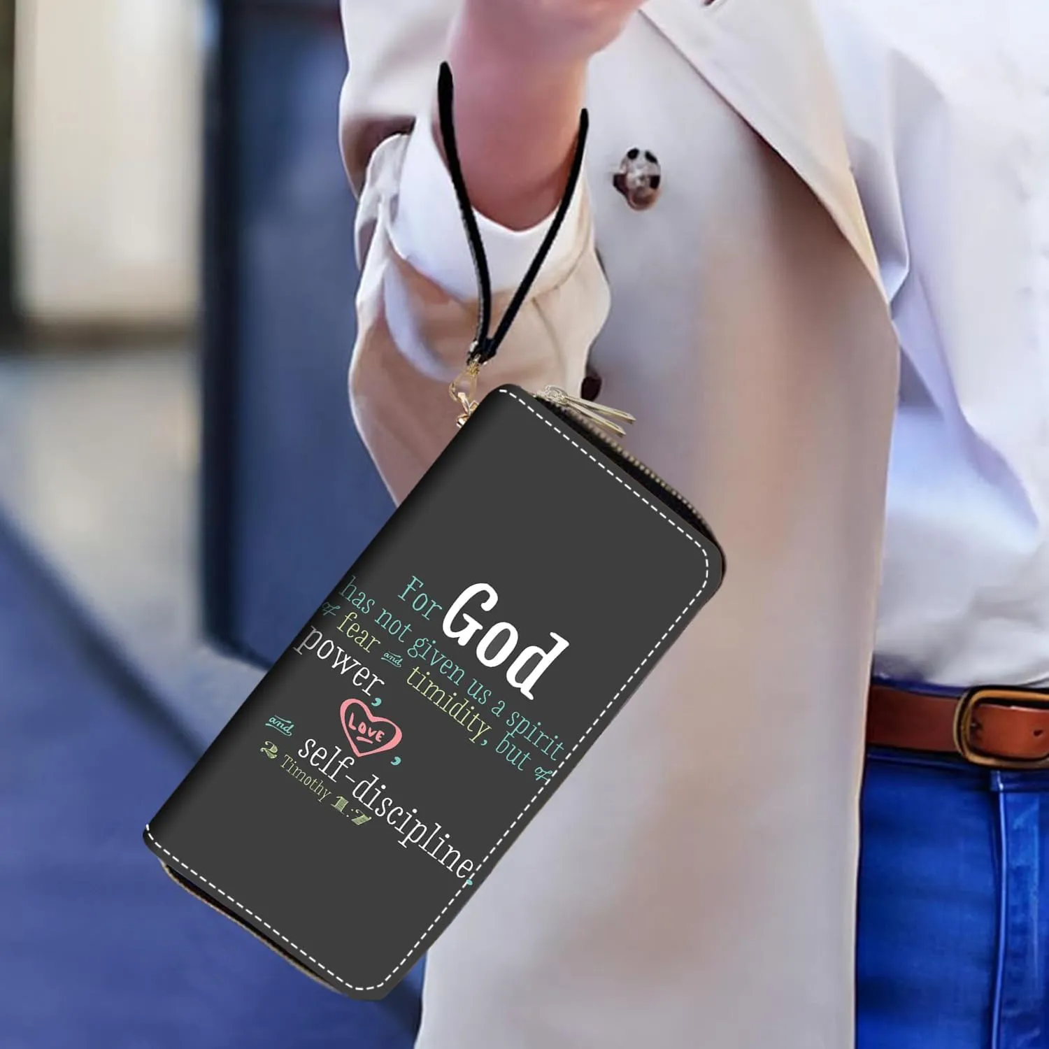 Women's Large Capacity Wallet PU Leather Double Zipper Clutch Purse Multifunctional Wallet with Removable Wristlet Strap for Smart Phone/Coin/Card/Cash, Bible Verse Quotes 2 Timothy 1:7