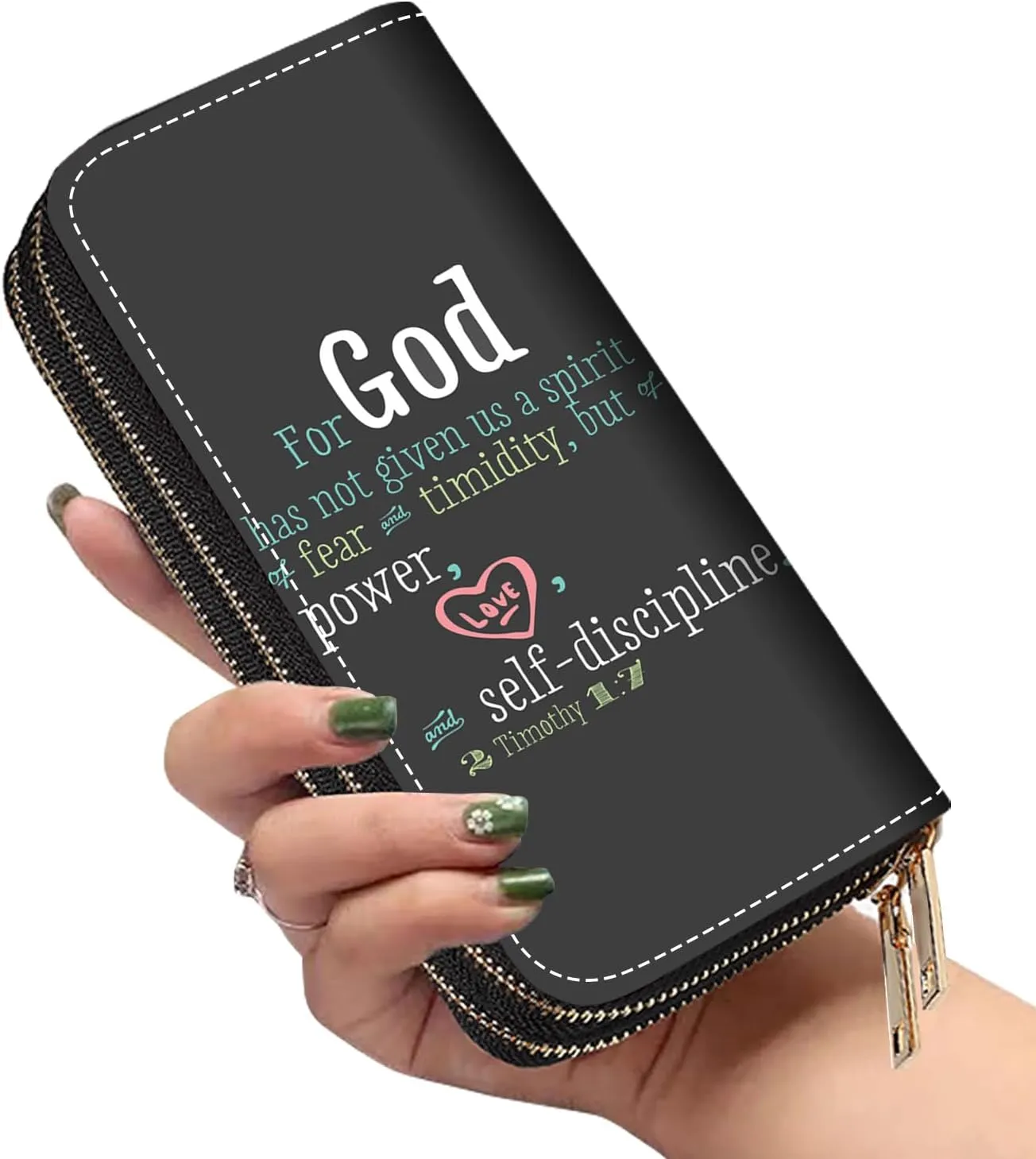 Women's Large Capacity Wallet PU Leather Double Zipper Clutch Purse Multifunctional Wallet with Removable Wristlet Strap for Smart Phone/Coin/Card/Cash, Bible Verse Quotes 2 Timothy 1:7
