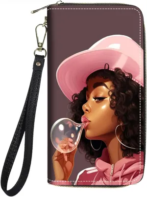 Women's Large Capacity Wallet PU Leather Zip Around Clutch Purse Multifunctional Wallet with Removable Wristlet Strap for Smart Phone/Coin/Card/Cash, African American Black Girl