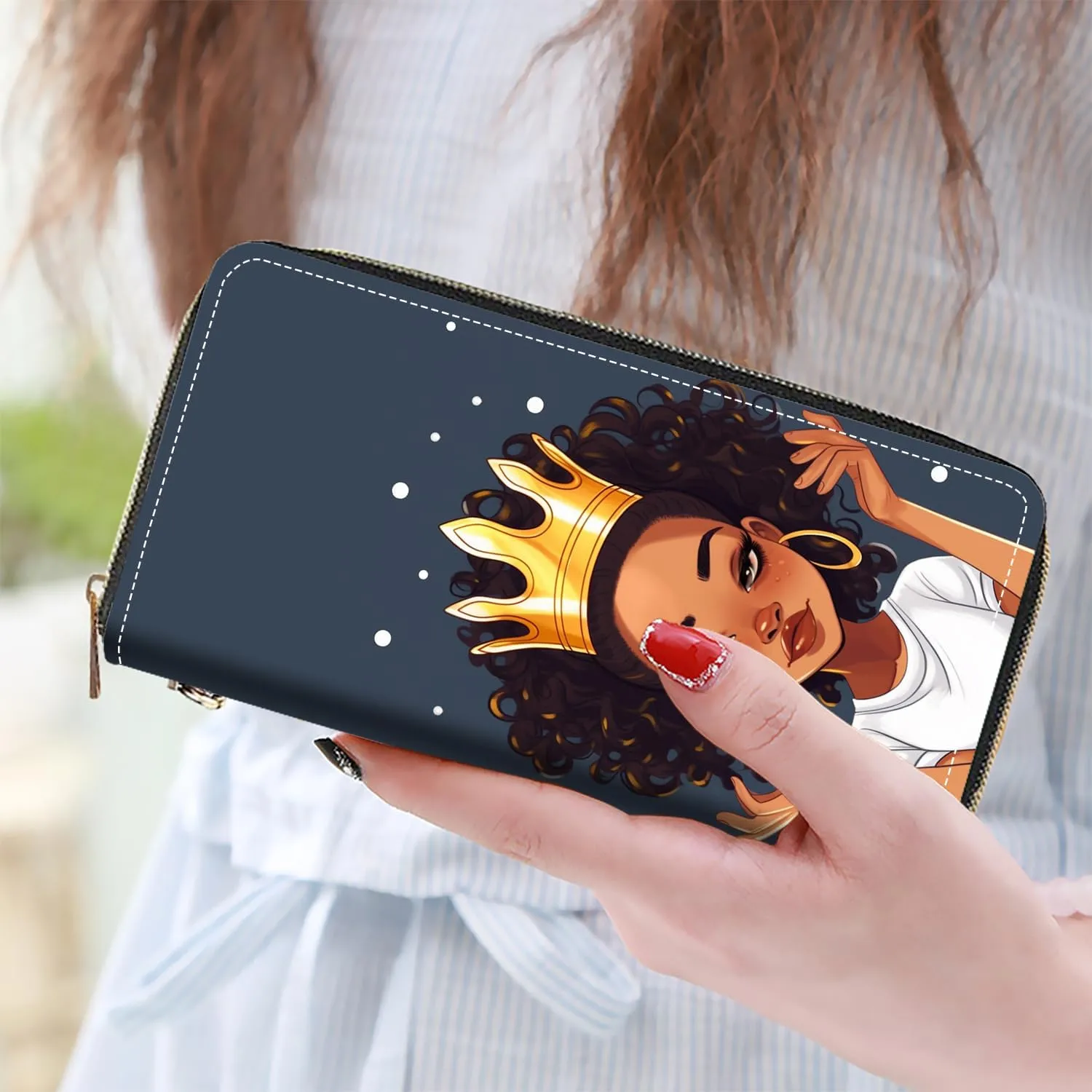 Women's Large Capacity Wallet PU Leather Zip Around Clutch Purse Multifunctional Wallet with Removable Wristlet Strap for Smart Phone/Coin/Card/Cash, African American Girl Wearing Crown