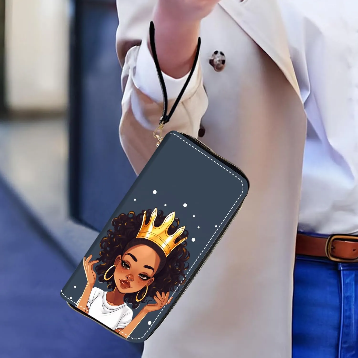 Women's Large Capacity Wallet PU Leather Zip Around Clutch Purse Multifunctional Wallet with Removable Wristlet Strap for Smart Phone/Coin/Card/Cash, African American Girl Wearing Crown
