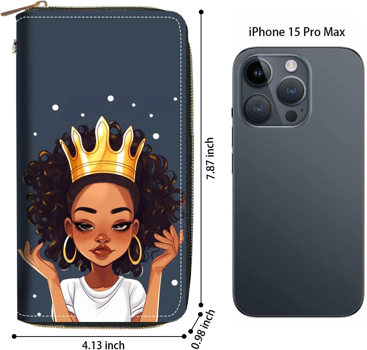 Women's Large Capacity Wallet PU Leather Zip Around Clutch Purse Multifunctional Wallet with Removable Wristlet Strap for Smart Phone/Coin/Card/Cash, African American Girl Wearing Crown
