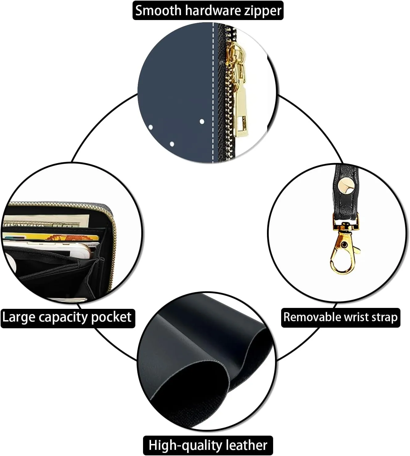Women's Large Capacity Wallet PU Leather Zip Around Clutch Purse Multifunctional Wallet with Removable Wristlet Strap for Smart Phone/Coin/Card/Cash, African American Girl Wearing Crown
