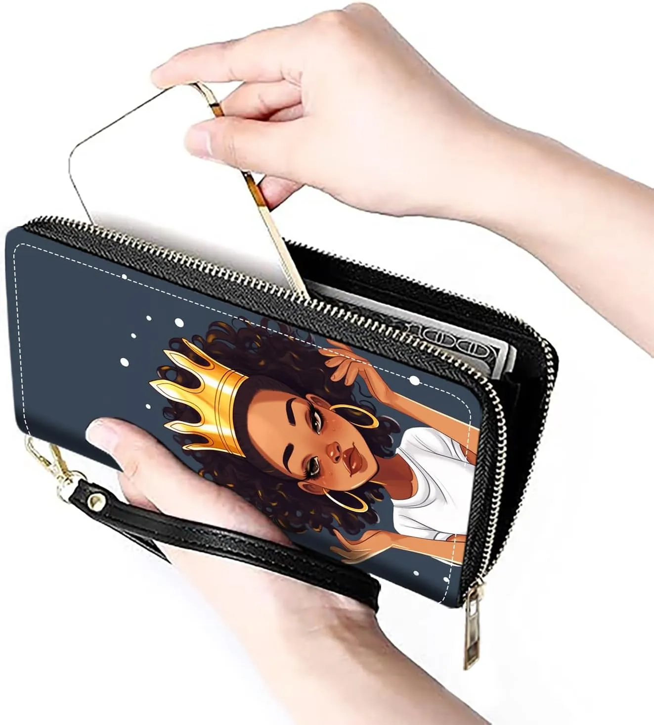 Women's Large Capacity Wallet PU Leather Zip Around Clutch Purse Multifunctional Wallet with Removable Wristlet Strap for Smart Phone/Coin/Card/Cash, African American Girl Wearing Crown
