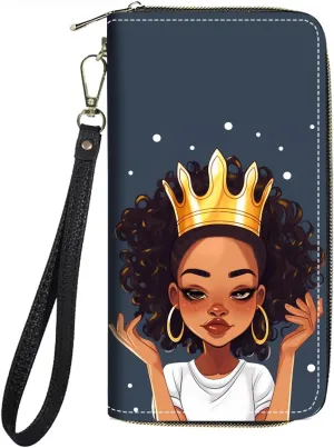 Women's Large Capacity Wallet PU Leather Zip Around Clutch Purse Multifunctional Wallet with Removable Wristlet Strap for Smart Phone/Coin/Card/Cash, African American Girl Wearing Crown
