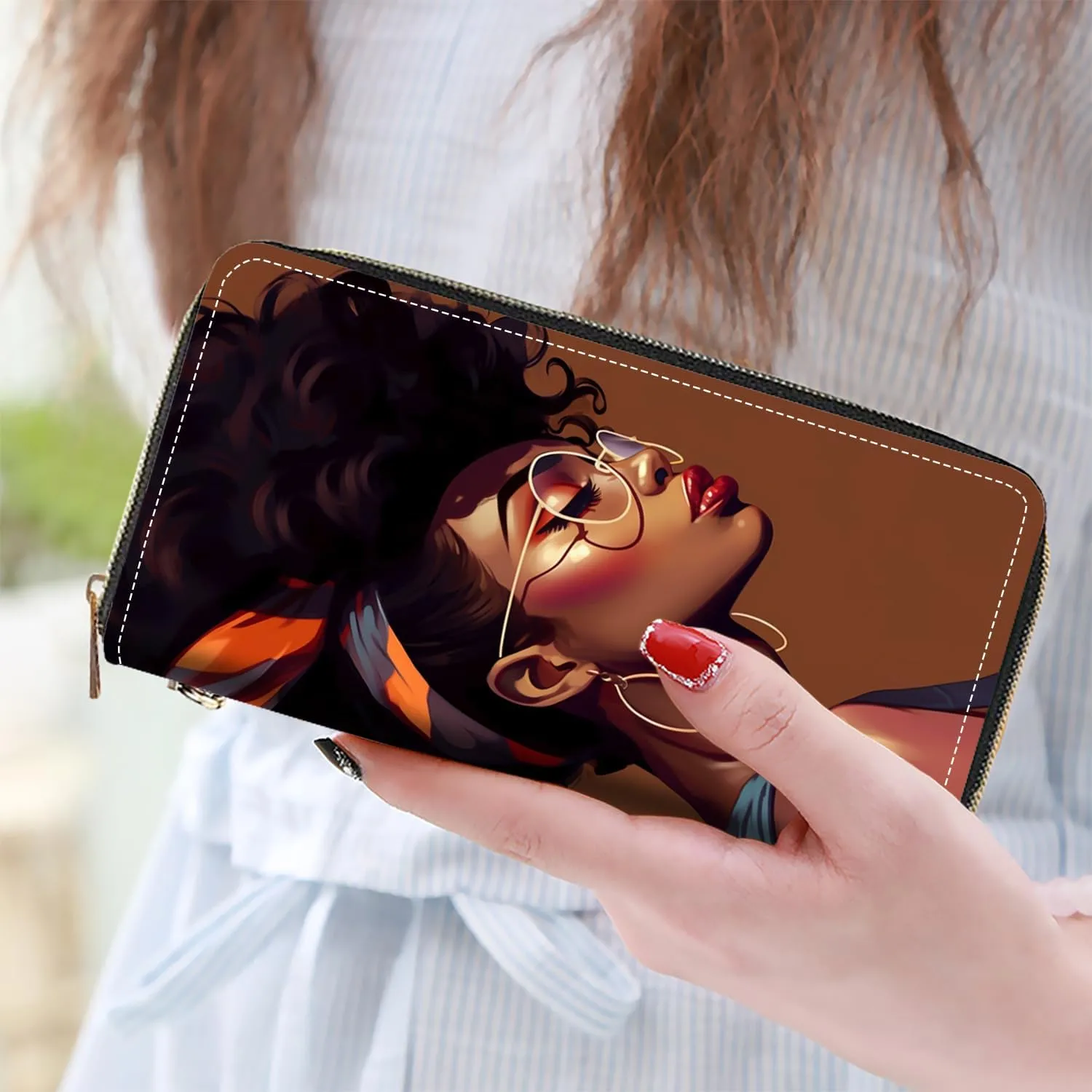 Women's Large Capacity Wallet PU Leather Zip Around Clutch Purse Multifunctional Wallet with Removable Wristlet Strap for Smart Phone/Coin/Card/Cash, African American Girl