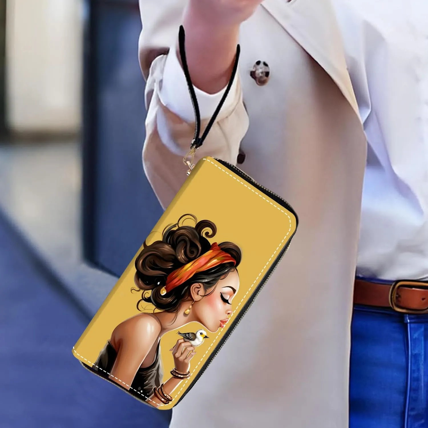 Women's Large Capacity Wallet PU Leather Zip Around Clutch Purse Multifunctional Wallet with Removable Wristlet Strap for Smart Phone/Coin/Card/Cash - African American Girl