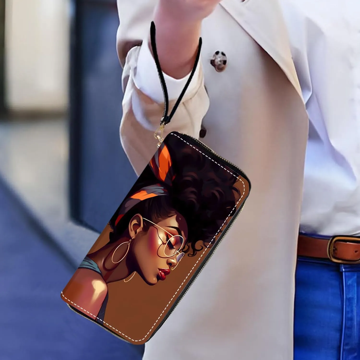Women's Large Capacity Wallet PU Leather Zip Around Clutch Purse Multifunctional Wallet with Removable Wristlet Strap for Smart Phone/Coin/Card/Cash, African American Girl