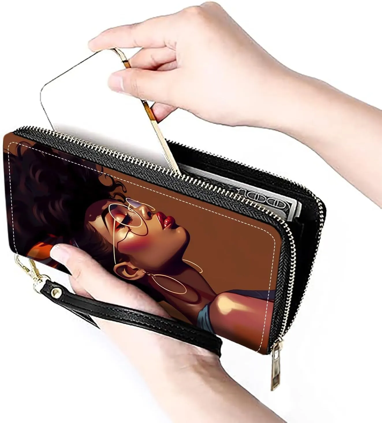 Women's Large Capacity Wallet PU Leather Zip Around Clutch Purse Multifunctional Wallet with Removable Wristlet Strap for Smart Phone/Coin/Card/Cash, African American Girl