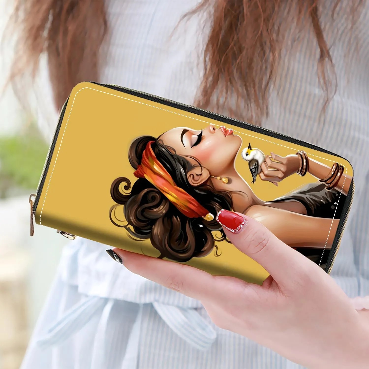 Women's Large Capacity Wallet PU Leather Zip Around Clutch Purse Multifunctional Wallet with Removable Wristlet Strap for Smart Phone/Coin/Card/Cash - African American Girl