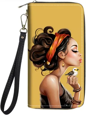 Women's Large Capacity Wallet PU Leather Zip Around Clutch Purse Multifunctional Wallet with Removable Wristlet Strap for Smart Phone/Coin/Card/Cash - African American Girl