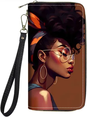 Women's Large Capacity Wallet PU Leather Zip Around Clutch Purse Multifunctional Wallet with Removable Wristlet Strap for Smart Phone/Coin/Card/Cash, African American Girl