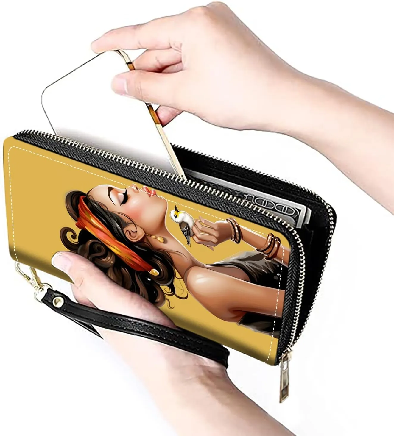Women's Large Capacity Wallet PU Leather Zip Around Clutch Purse Multifunctional Wallet with Removable Wristlet Strap for Smart Phone/Coin/Card/Cash - African American Girl