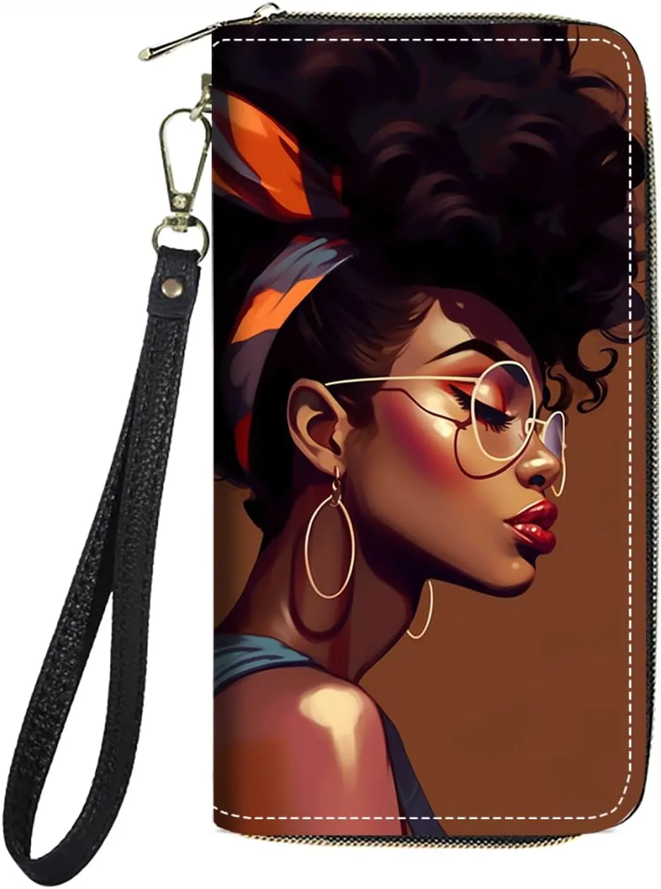 Women's Large Capacity Wallet PU Leather Zip Around Clutch Purse Multifunctional Wallet with Removable Wristlet Strap for Smart Phone/Coin/Card/Cash, African American Girl