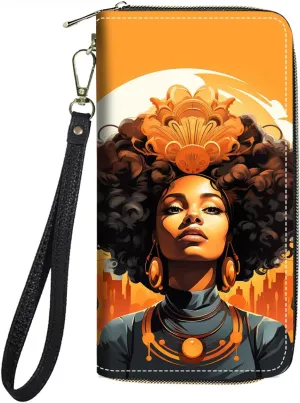 Women's Large Capacity Wallet PU Leather Zip Around Clutch Purse Multifunctional Wallet with Removable Wristlet Strap for Smart Phone/Coin/Card/Cash, African American Women