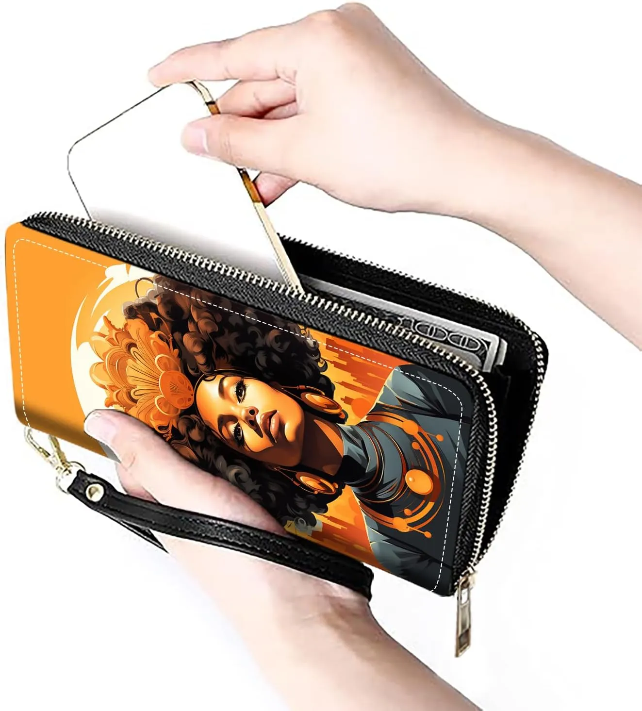 Women's Large Capacity Wallet PU Leather Zip Around Clutch Purse Multifunctional Wallet with Removable Wristlet Strap for Smart Phone/Coin/Card/Cash, African American Women