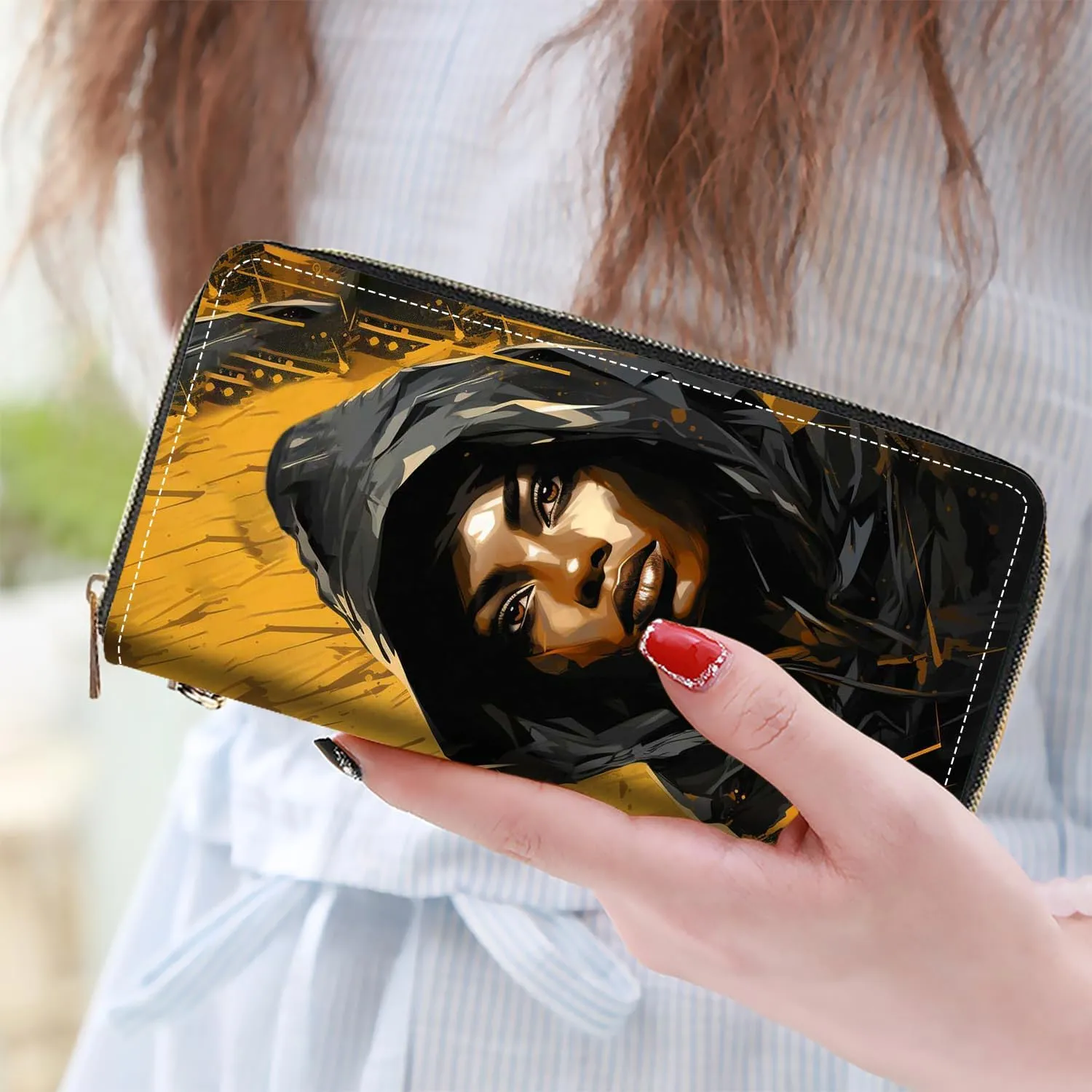 Women's Large Capacity Wallet PU Leather Zip Around Clutch Purse Multifunctional Wallet with Removable Wristlet Strap for Smart Phone/Coin/Card/Cash, African Black Girl