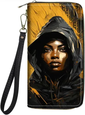 Women's Large Capacity Wallet PU Leather Zip Around Clutch Purse Multifunctional Wallet with Removable Wristlet Strap for Smart Phone/Coin/Card/Cash, African Black Girl