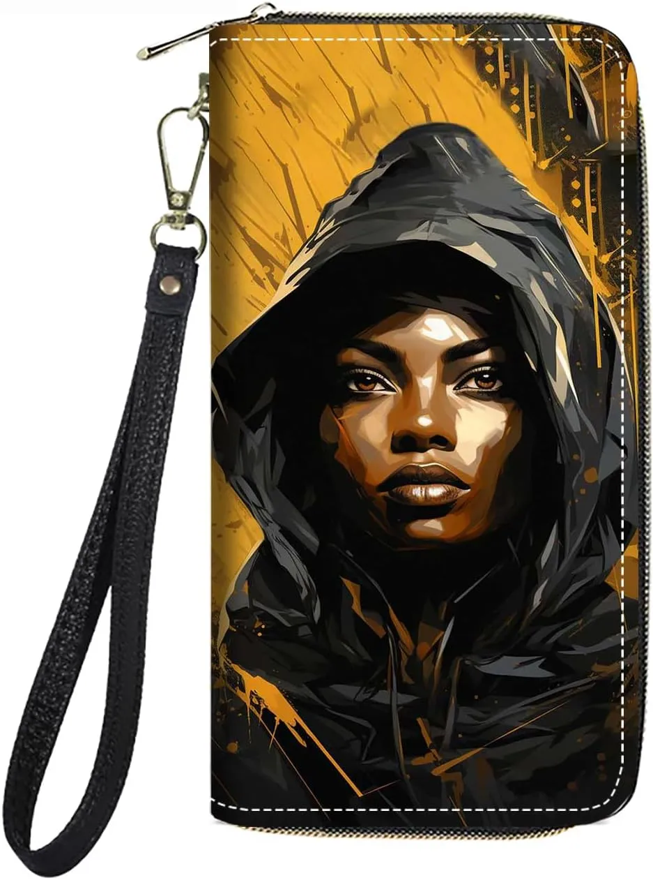 Women's Large Capacity Wallet PU Leather Zip Around Clutch Purse Multifunctional Wallet with Removable Wristlet Strap for Smart Phone/Coin/Card/Cash, African Black Girl
