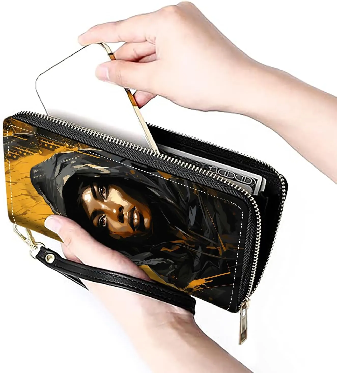 Women's Large Capacity Wallet PU Leather Zip Around Clutch Purse Multifunctional Wallet with Removable Wristlet Strap for Smart Phone/Coin/Card/Cash, African Black Girl