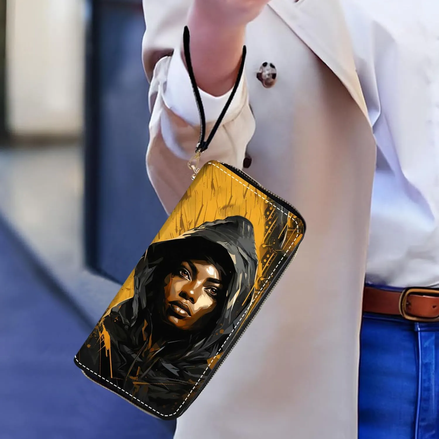 Women's Large Capacity Wallet PU Leather Zip Around Clutch Purse Multifunctional Wallet with Removable Wristlet Strap for Smart Phone/Coin/Card/Cash, African Black Girl